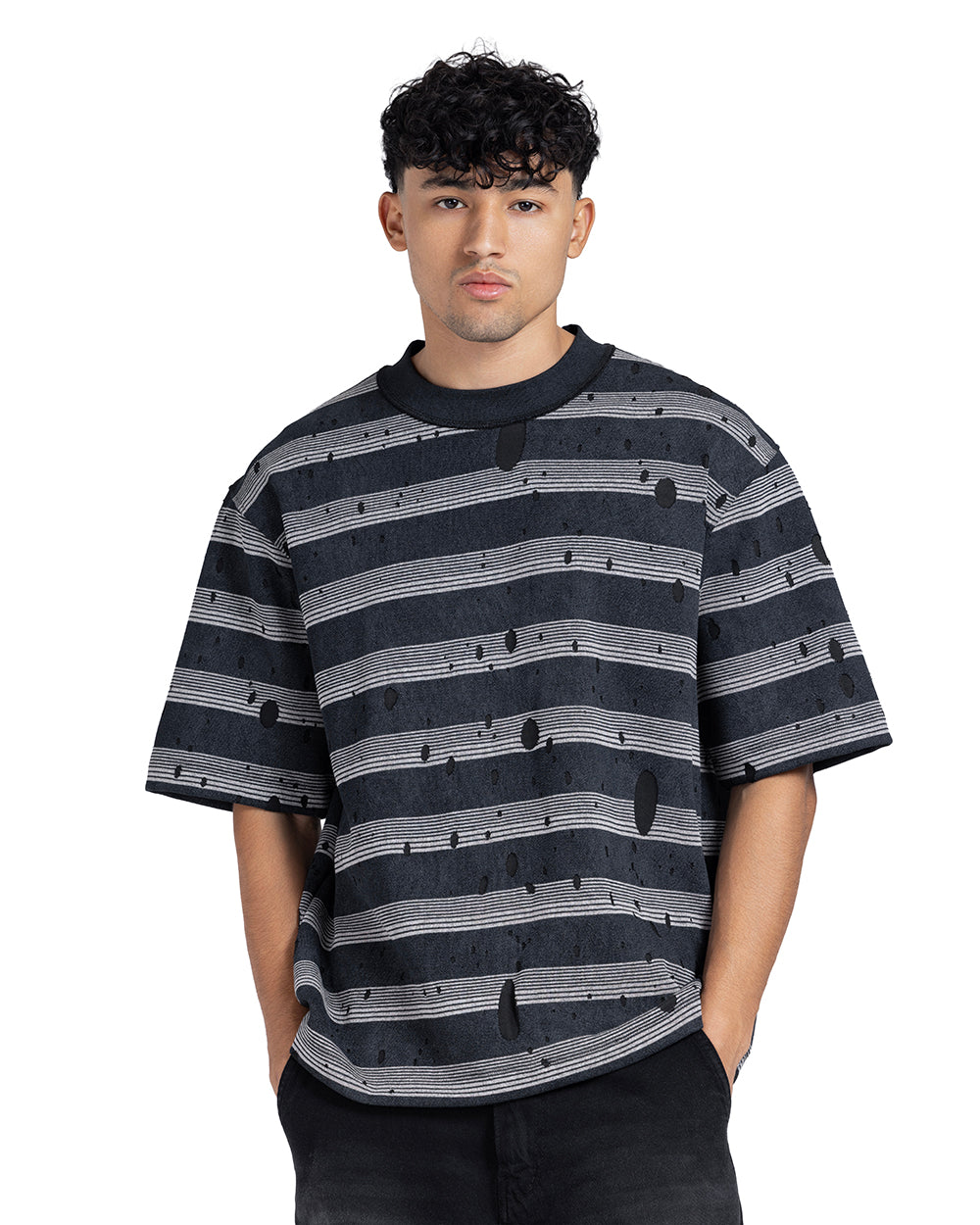 Distressed Hole Striped Oversized Tee