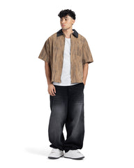 Contrast Collar Zip-Up Short Sleeve Shirt