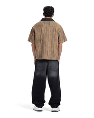 Contrast Collar Zip-Up Short Sleeve Shirt
