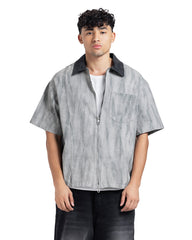 Contrast Collar Zip-Up Short Sleeve Shirt