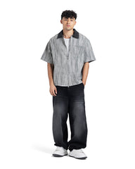 Contrast Collar Zip-Up Short Sleeve Shirt