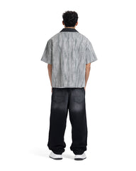 Contrast Collar Zip-Up Short Sleeve Shirt