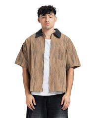 Contrast Collar Zip-Up Short Sleeve Shirt