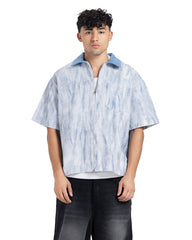 Contrast Collar Zip-Up Short Sleeve Shirt