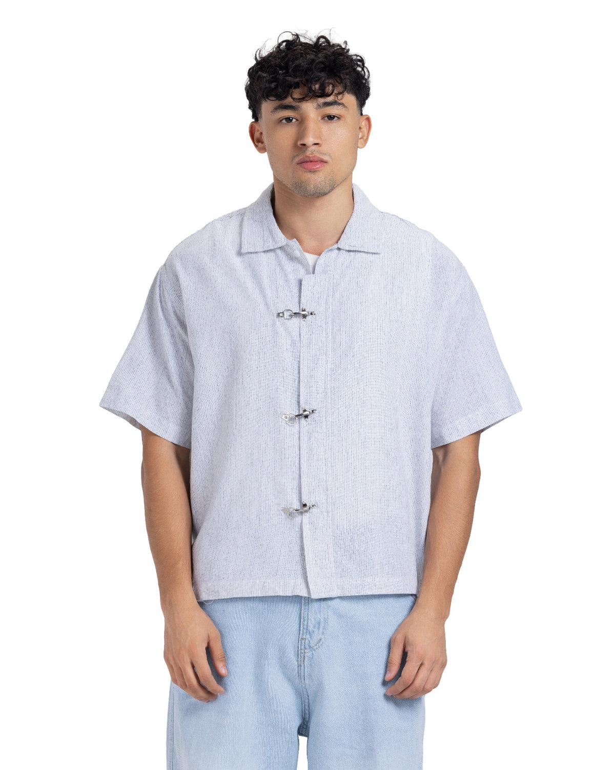 Cuban Collar Metal Clasp Short Sleeve Shirt