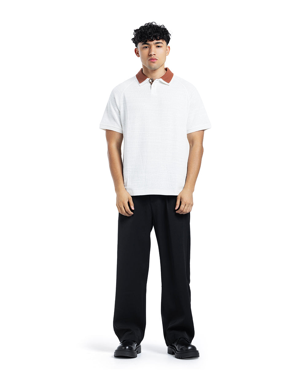 Textured Contrast Collar Polo Shirt