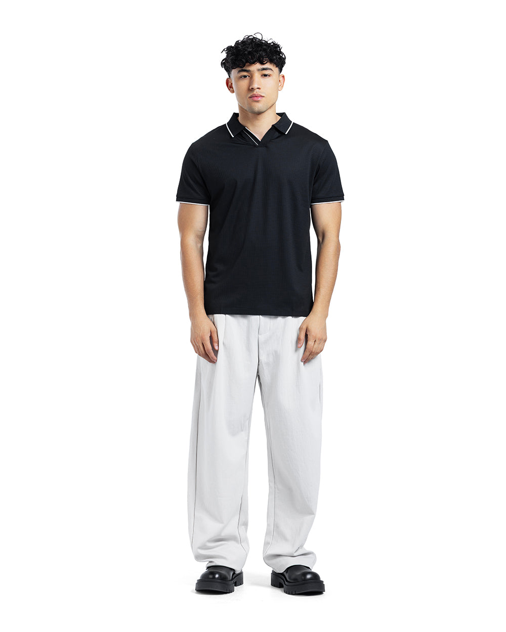 Ribbed Open-Collar Polo Shirt